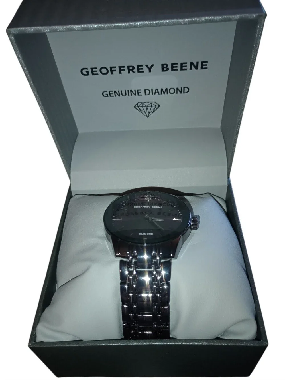 Geoffrey Beene Men's Black Bracelet Watch with Dark Dial, Genuine Diamond, NWT